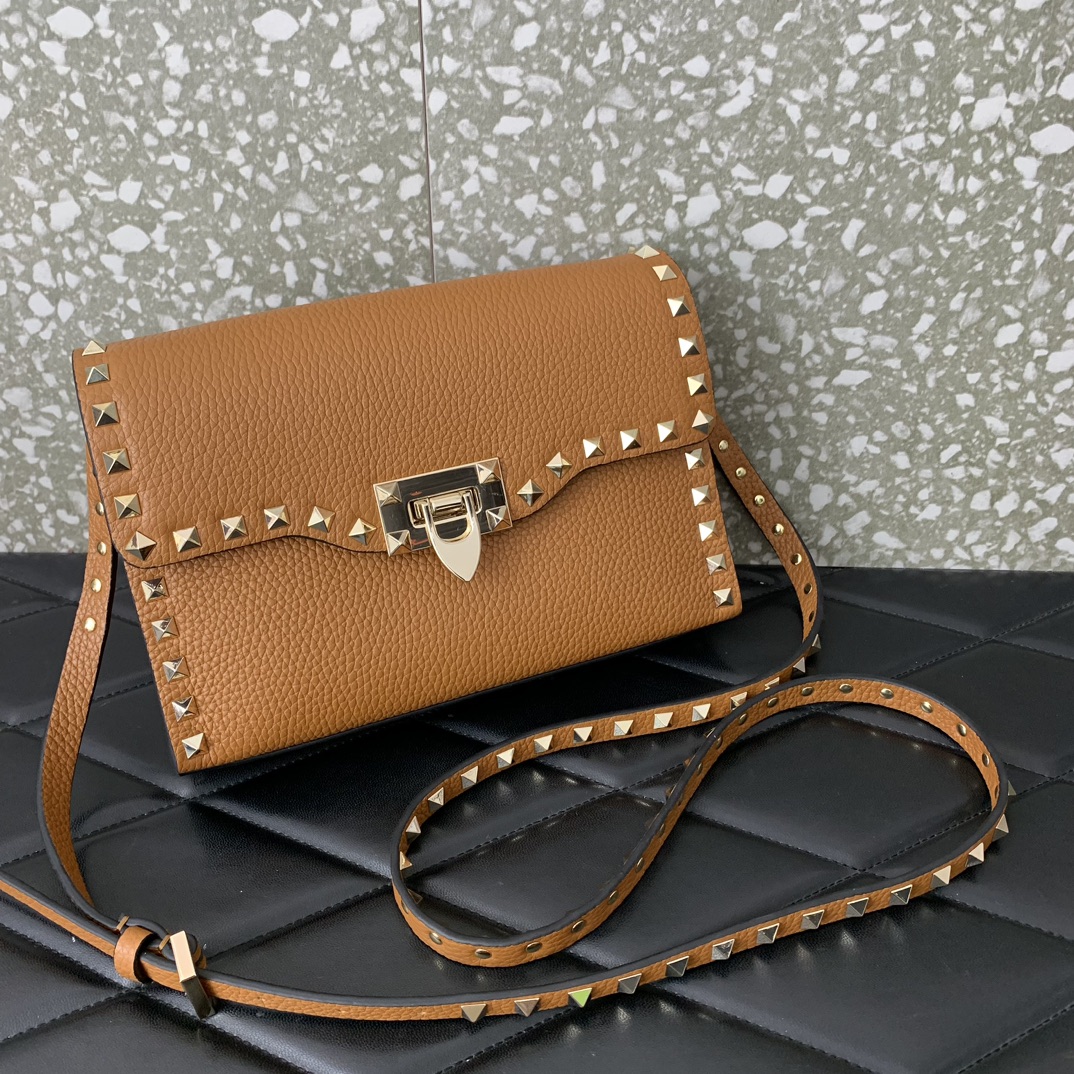 Valentino Garavani Rockstud Crossbody Bag in Brown Grainy Calfskin